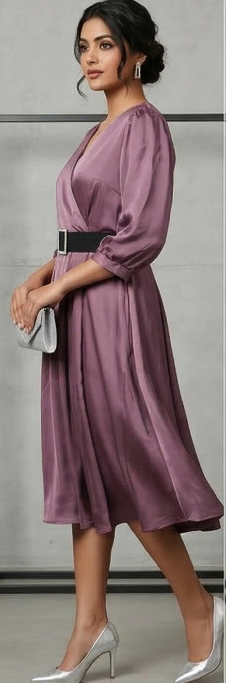 Women’s Satin Mauve V-Neck Midi Dress with Belt and Puff Sleeves
