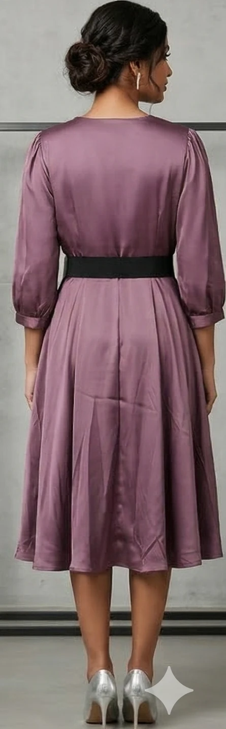 Women’s Satin Mauve V-Neck Midi Dress with Belt and Puff Sleeves