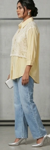 Women Yellow & White Lace-Panelled Regular Shirt