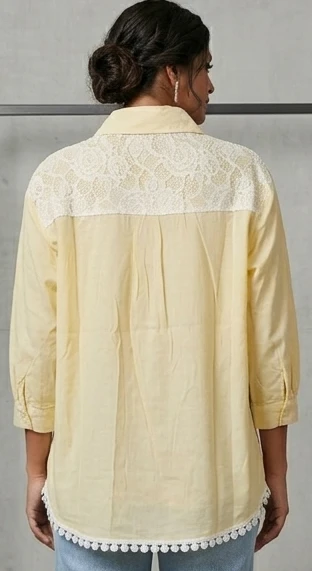 Women Yellow & White Lace-Panelled Regular Shirt