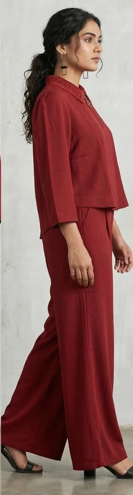 Midnight Black Corset-Style Button-Up Tunic & Relaxed Fit Pants Set