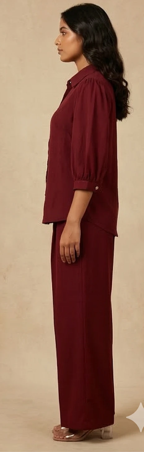 The Modern Muse Co-ord: Wine Red Button-Down & High-Waist Trouser Set