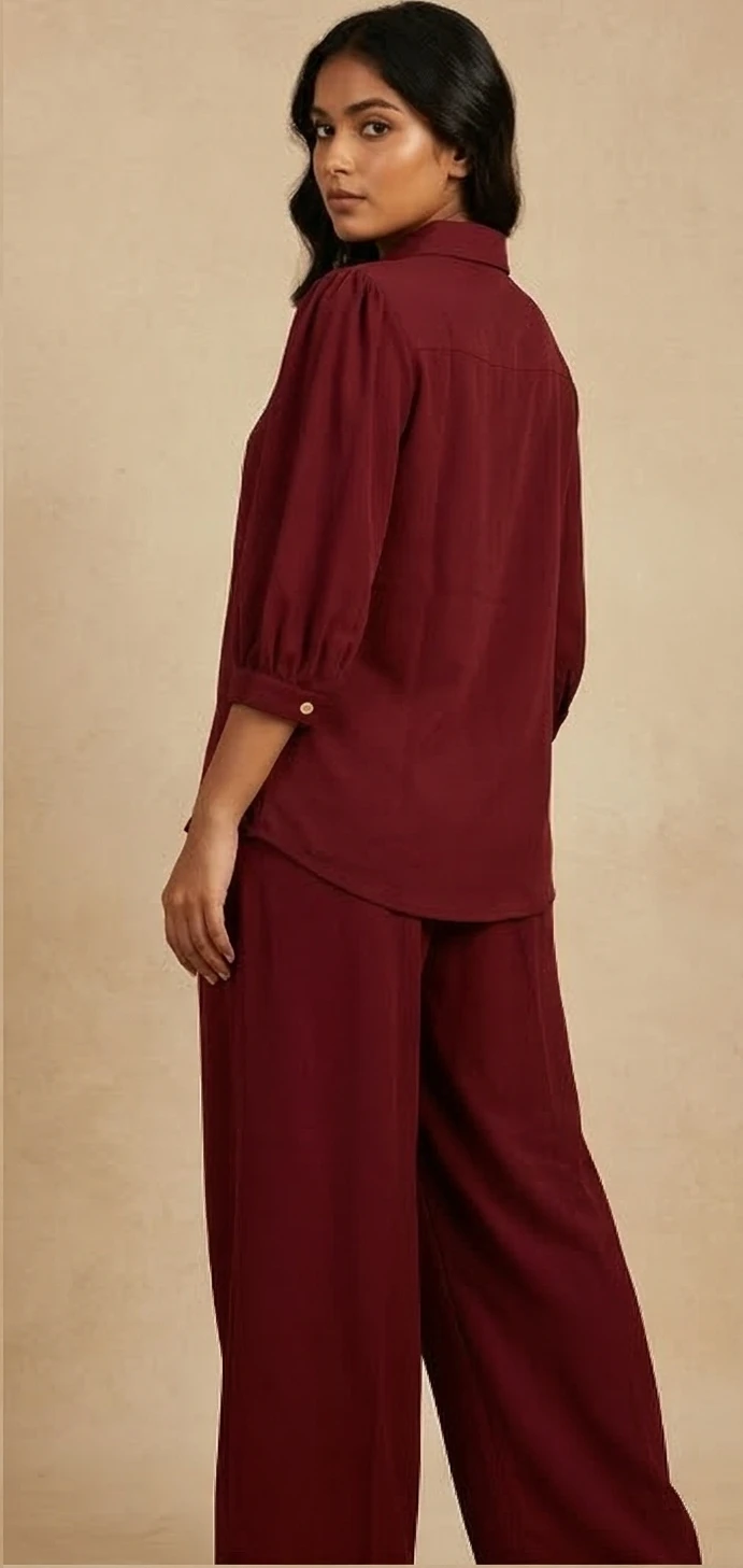 The Modern Muse Co-ord: Wine Red Button-Down & High-Waist Trouser Set