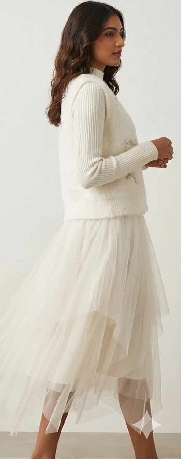 Women's Off-White Knit Cardigan & Tiered Tulle Midi Dress Set