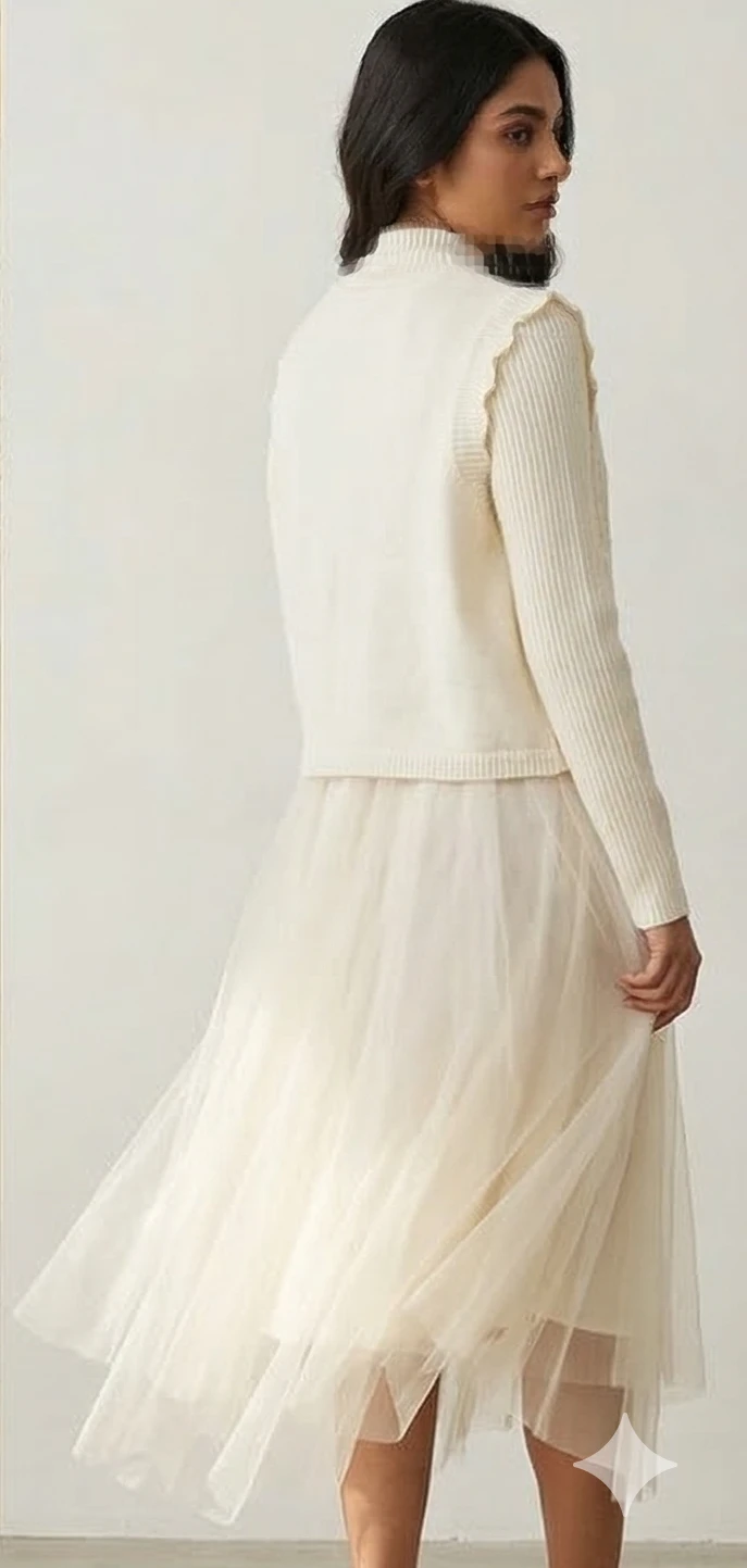 Women's Off-White Knit Cardigan & Tiered Tulle Midi Dress Set