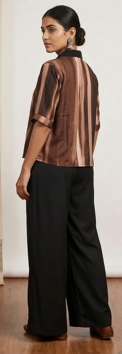 Women's Brown Streaked Print Button-Down with Black Flare Pants