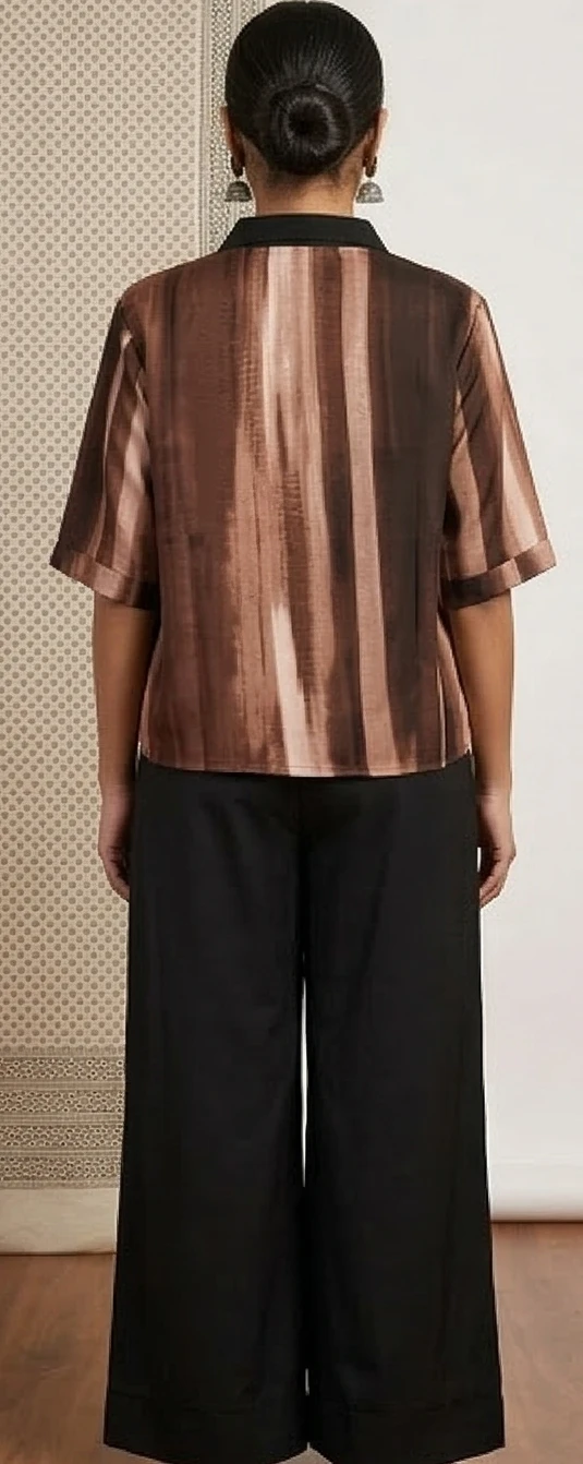 Women's Brown Streaked Print Button-Down with Black Flare Pants
