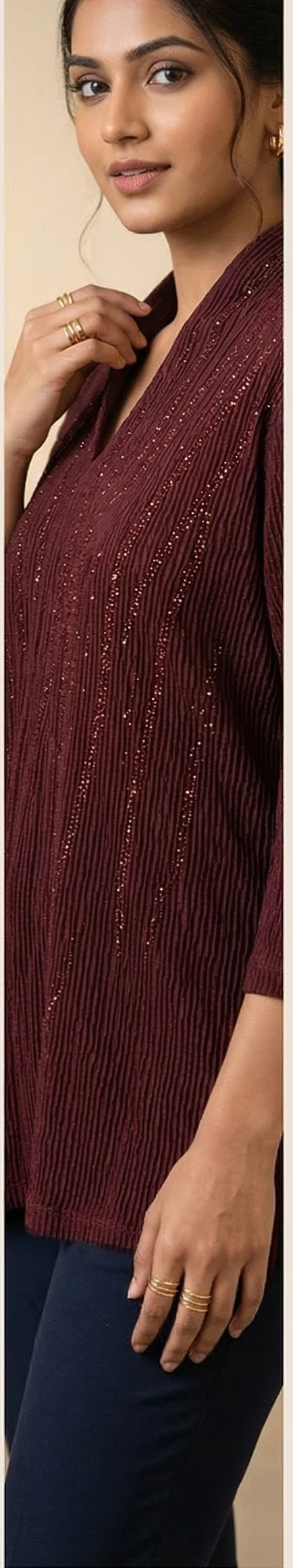 Women’s Wine Burgundy Textured Knit Tunic with Embellished