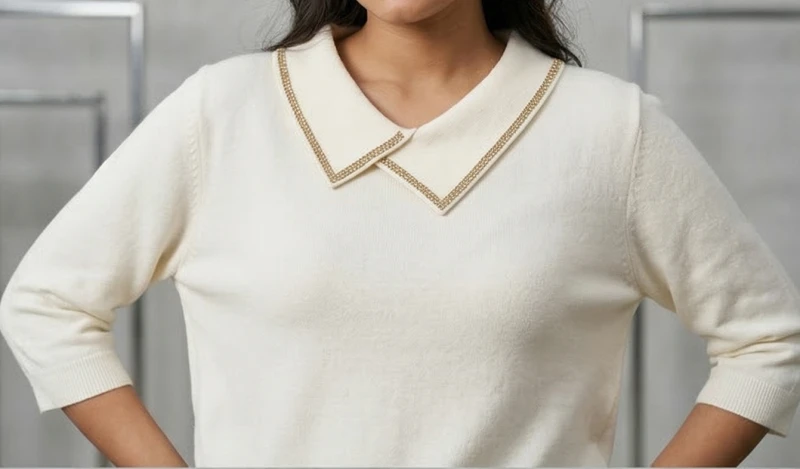 Women's Off-White Quarter-Sleeve Knit Sweater with Embellished Peter Pan Collar