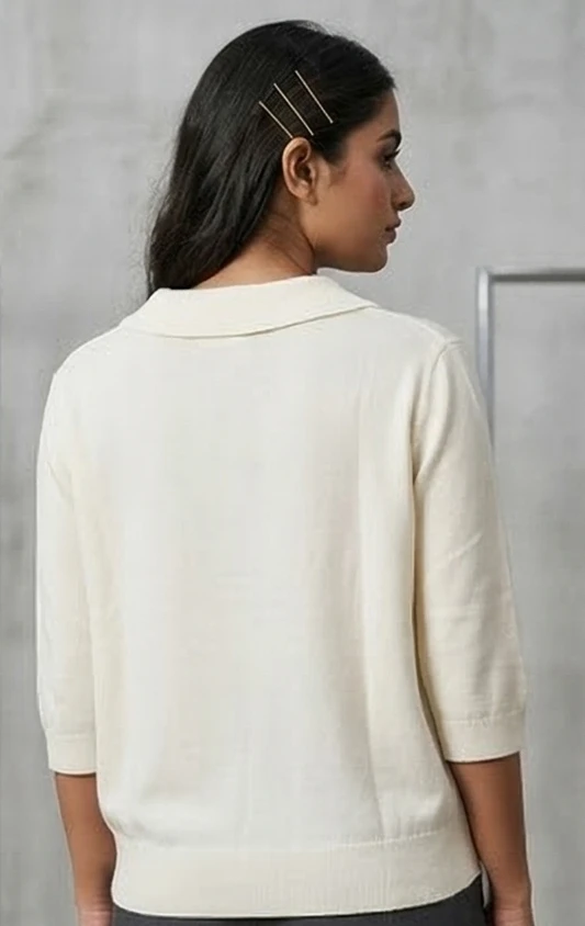 Women's Off-White Quarter-Sleeve Knit Sweater with Embellished Peter Pan Collar