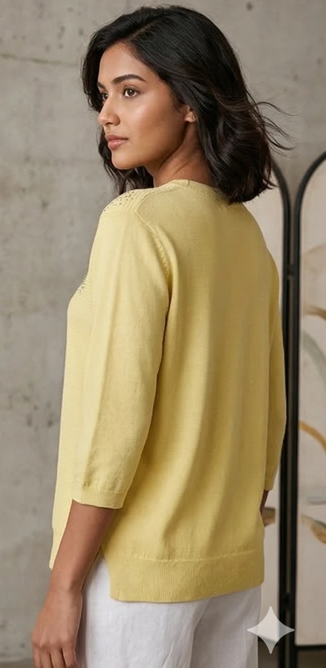 Women’s Pastel Lemon Knit Top with Embellished Butterfly Shoulder & Side-Tie Detail