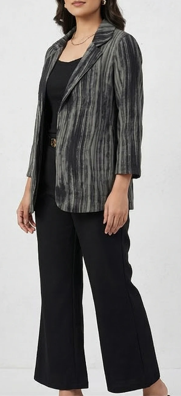 Women's 3-Piece set Open-Front Printed Blazer, Fitted Camisole, and Wide-Leg Trousers with Gold Buckle Detail