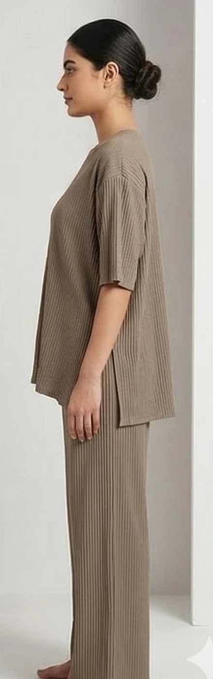 Women Taupe Ribbed Oversized T-shirt & Loungewear Trousers Set