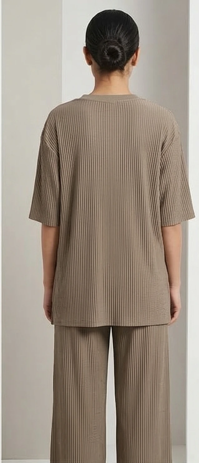 Women Taupe Ribbed Oversized T-shirt & Loungewear Trousers Set
