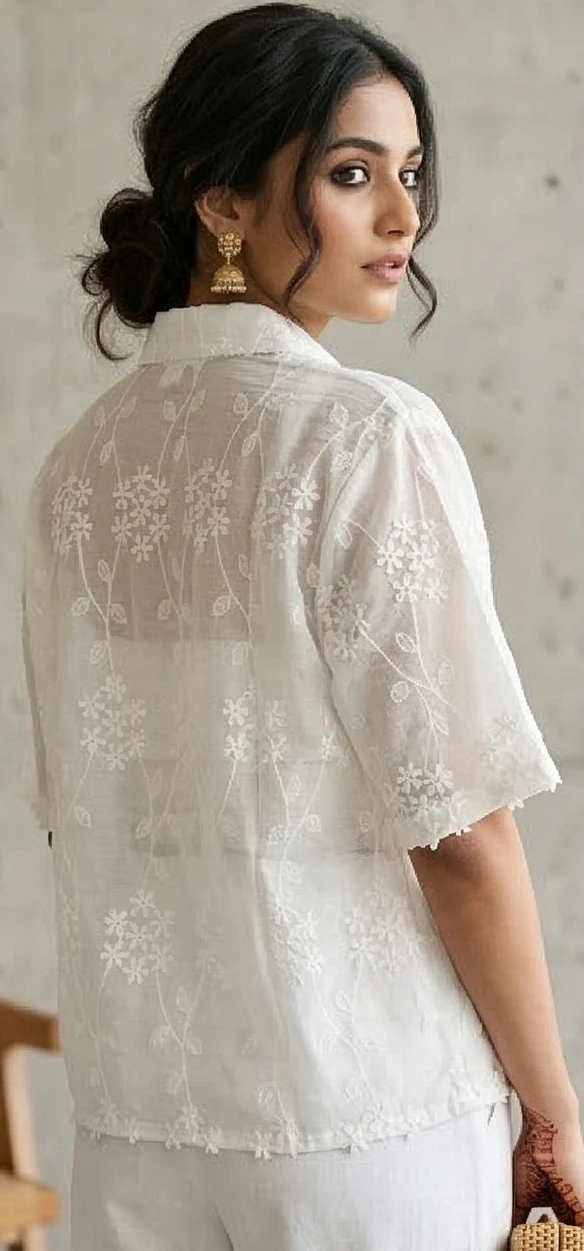 Ethereal White Lace Layering Set: Boxy Floral Shirt with Smocked Inner