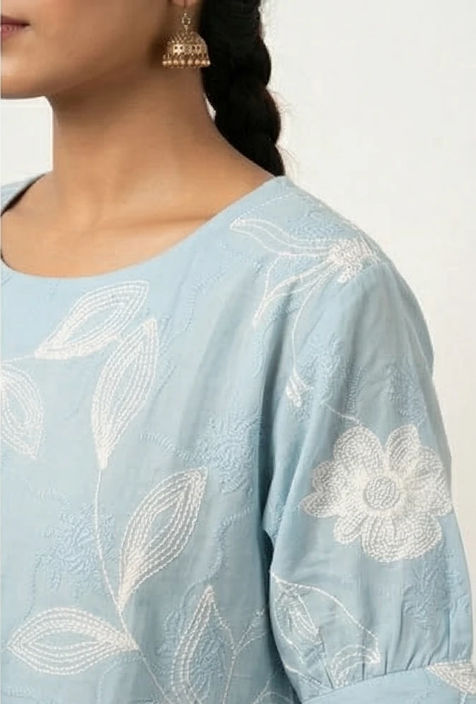 Light Blue Lucknowi-Inspired Short Kurti – Modern Floral Embroidery Summer Wear
