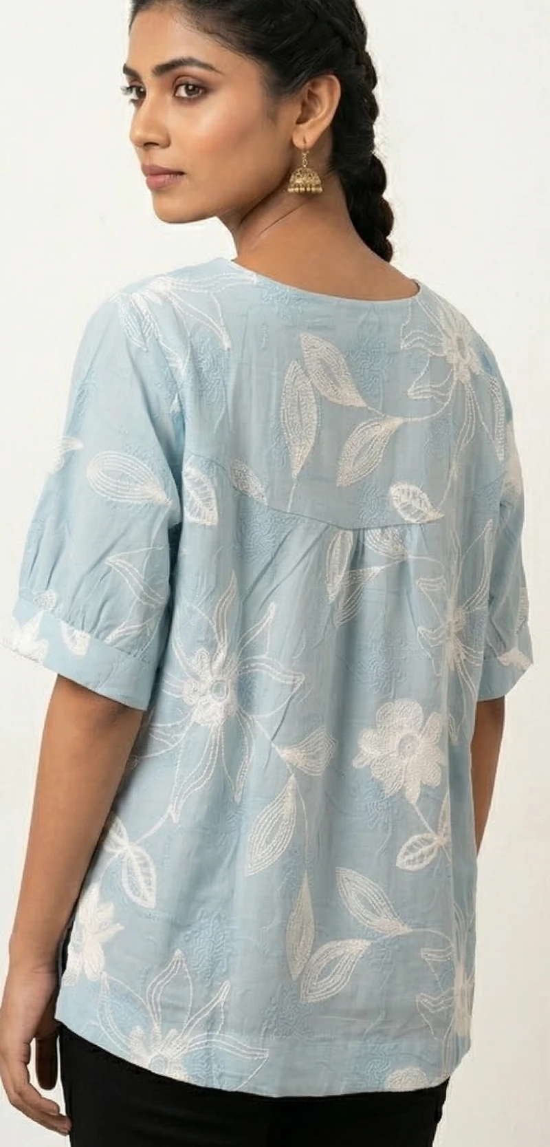 Light Blue Lucknowi-Inspired Short Kurti – Modern Floral Embroidery Summer Wear