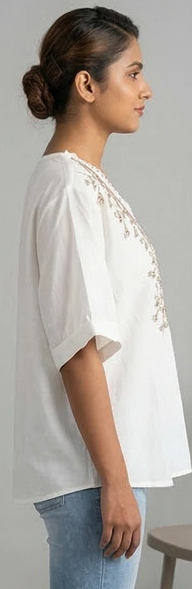Women's White Cotton Embroidered V-Neck Boho Tunic Top