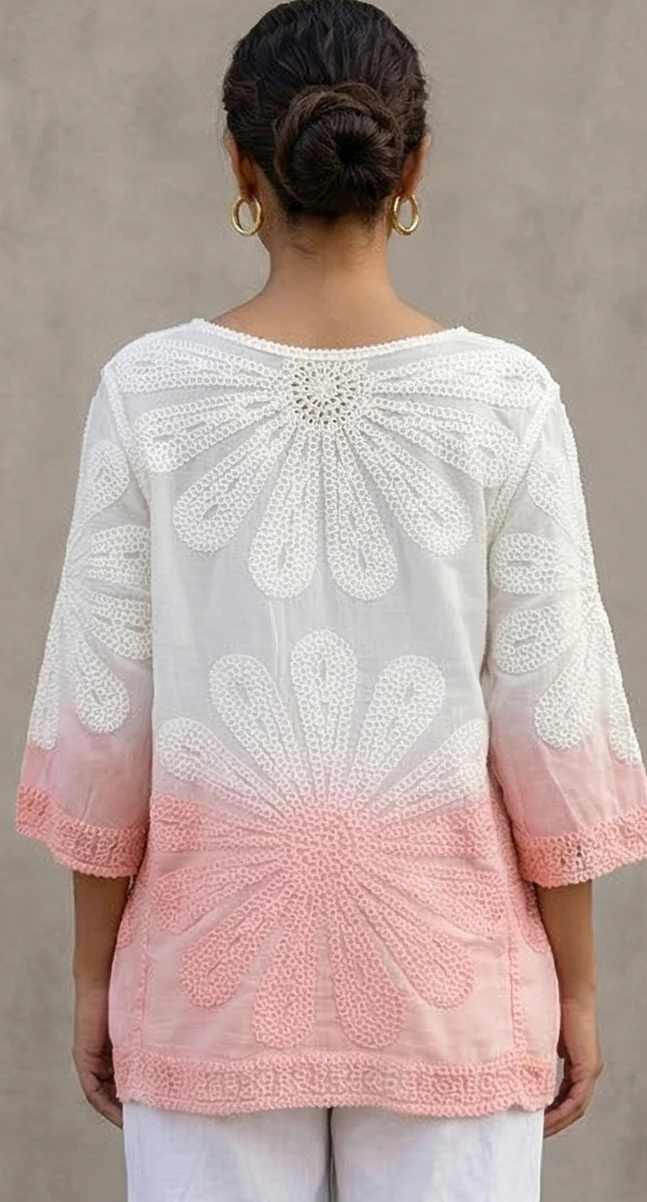 Pink & White Ombre Embroidered A-Line Top