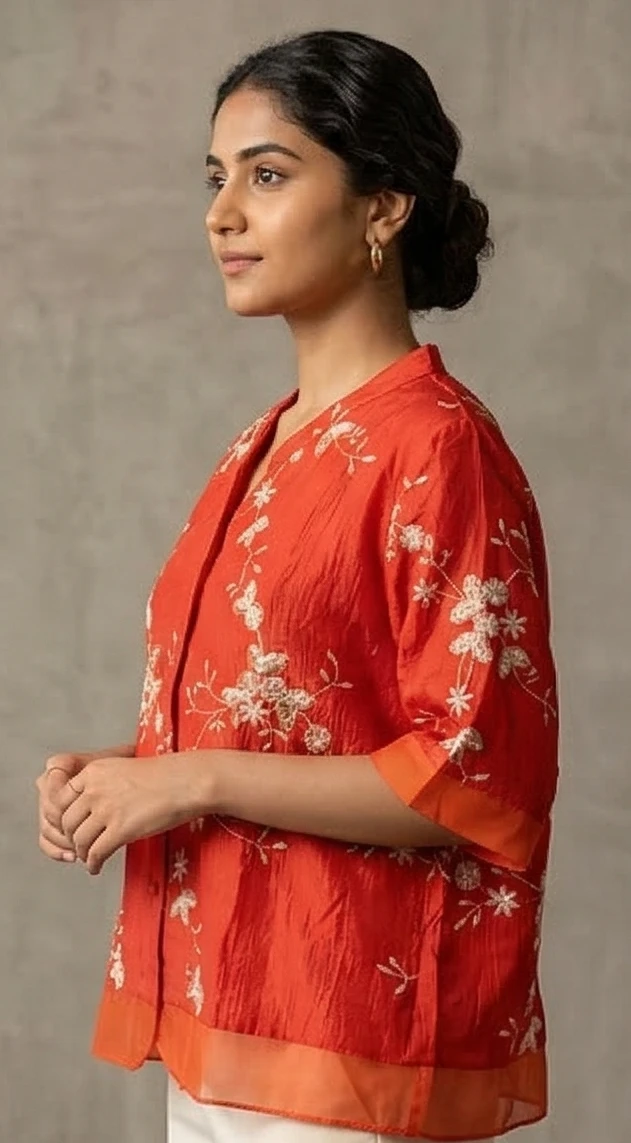 Women red Floral Embroidered Silk Blend Boxy Top
