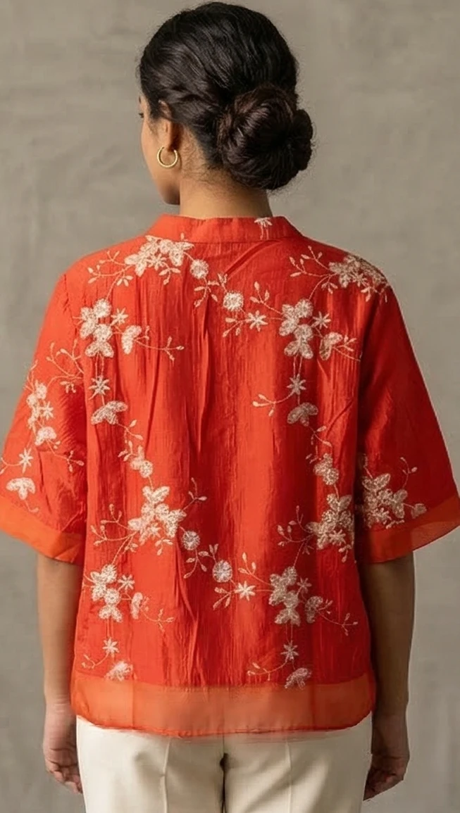Women red Floral Embroidered Silk Blend Boxy Top