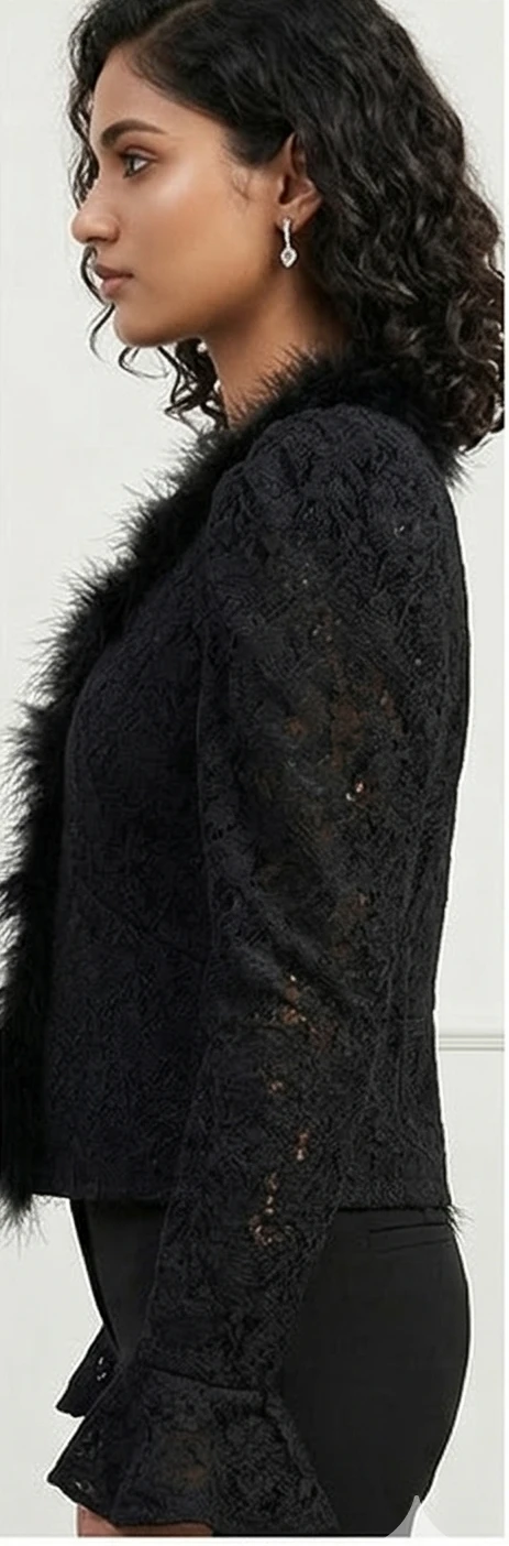 Midnight Lace Peplum top with Faux Feather Trim