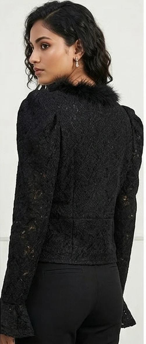 Midnight Lace Peplum top with Faux Feather Trim