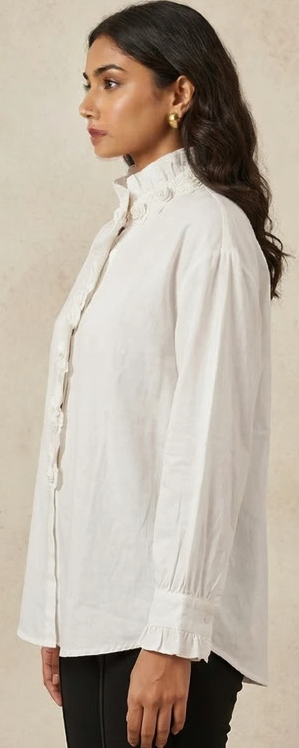 Vintage-Inspired White Floral Lace Crop Top with Faux-Fur Trim & Flared Cuffs