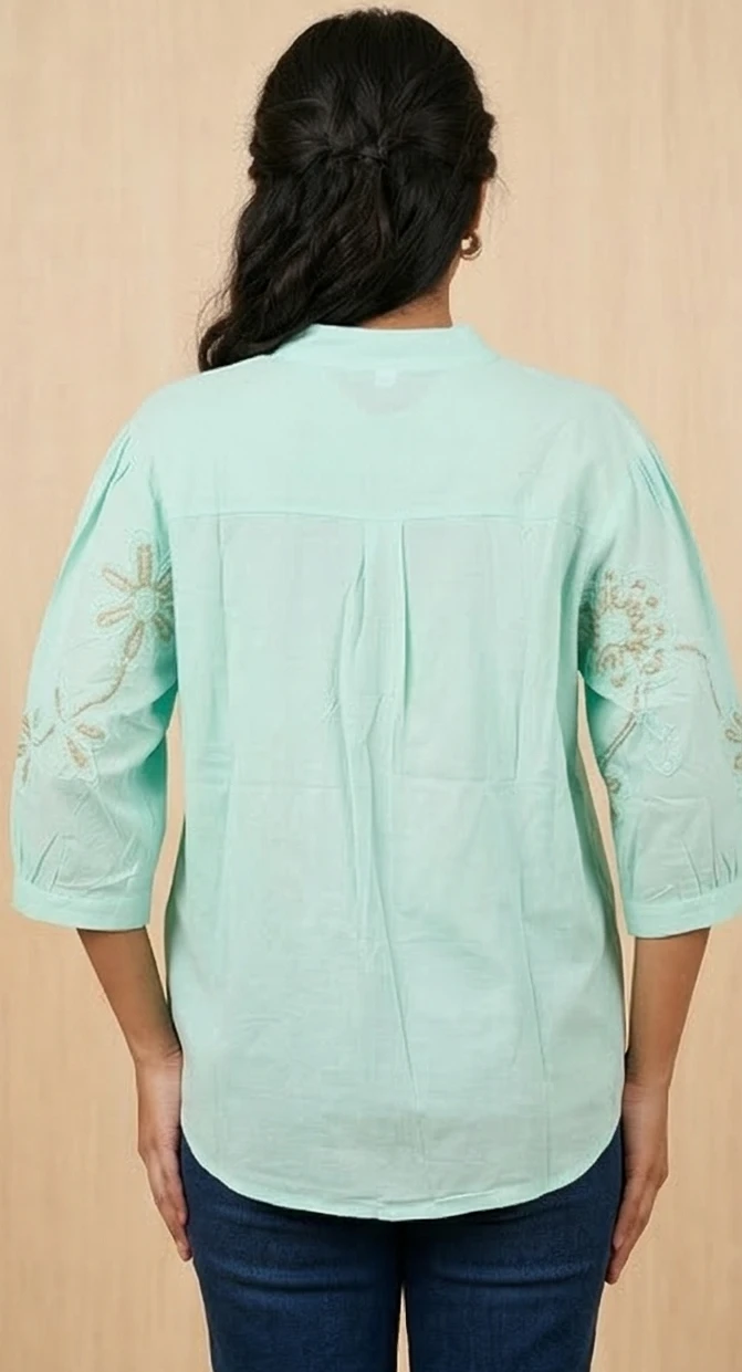 Women Sea Green & Gold Floral Embroidered A-Line Tunic