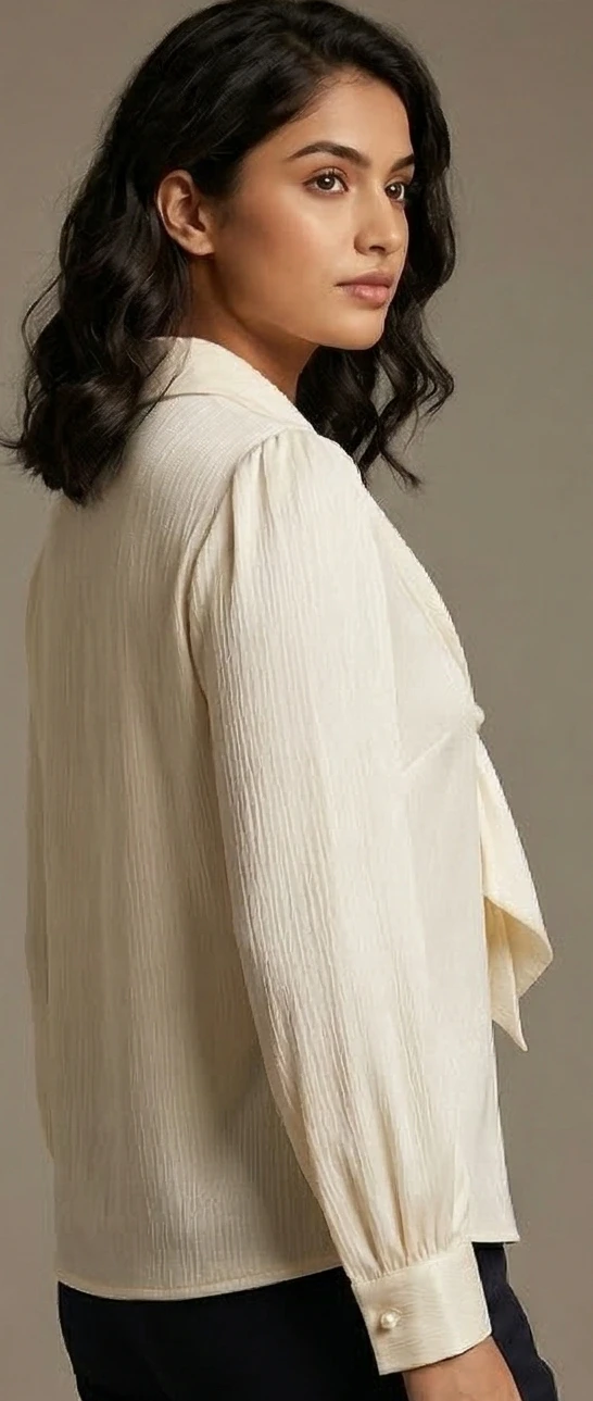 Women Cream-Coloured Textured Pussy-Bow Regular top