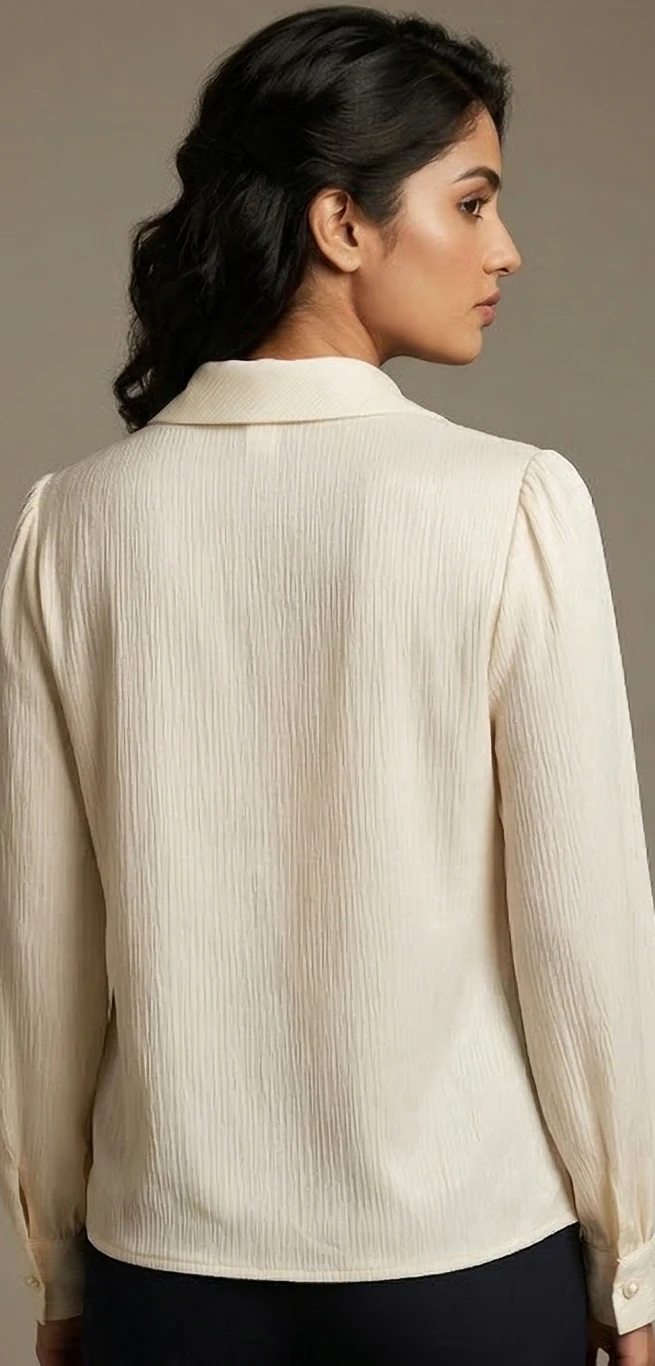 Women Cream-Coloured Textured Pussy-Bow Regular top