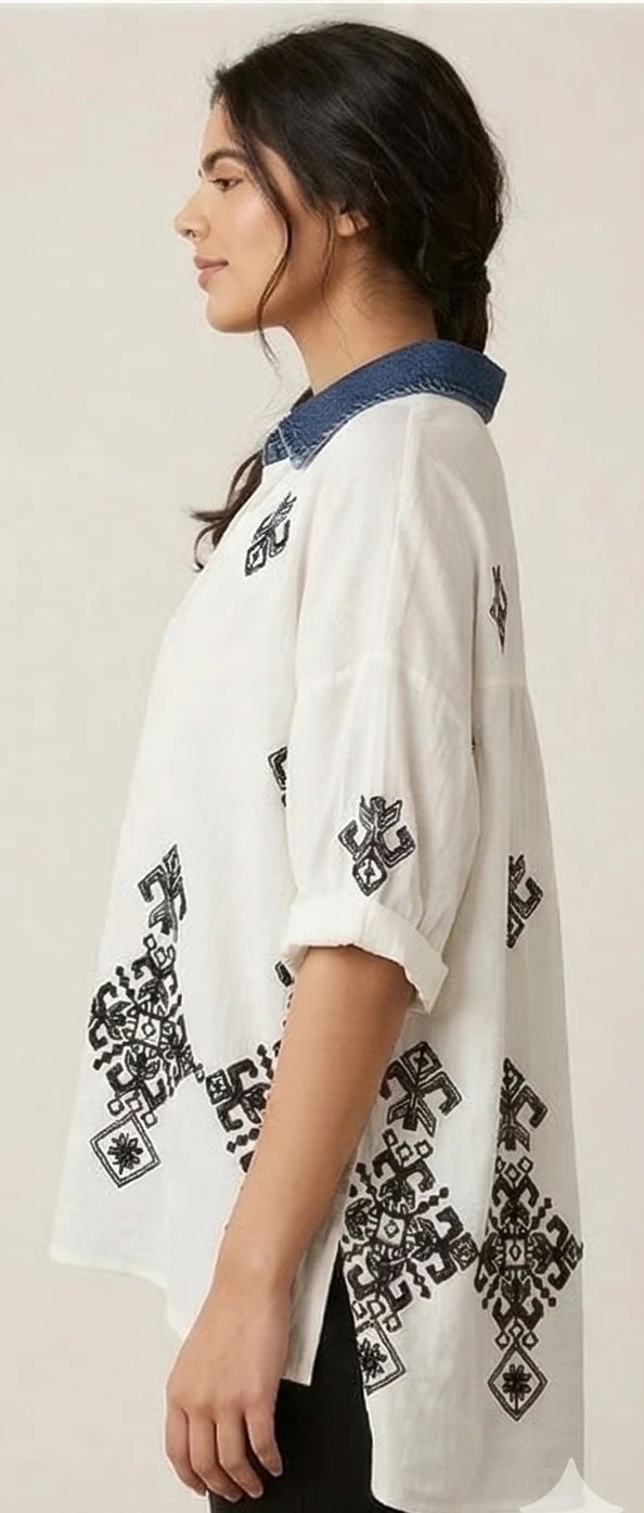 Ethic-Chic Embroidered Cotton Kaftan Top with Vintage Denim Neckline