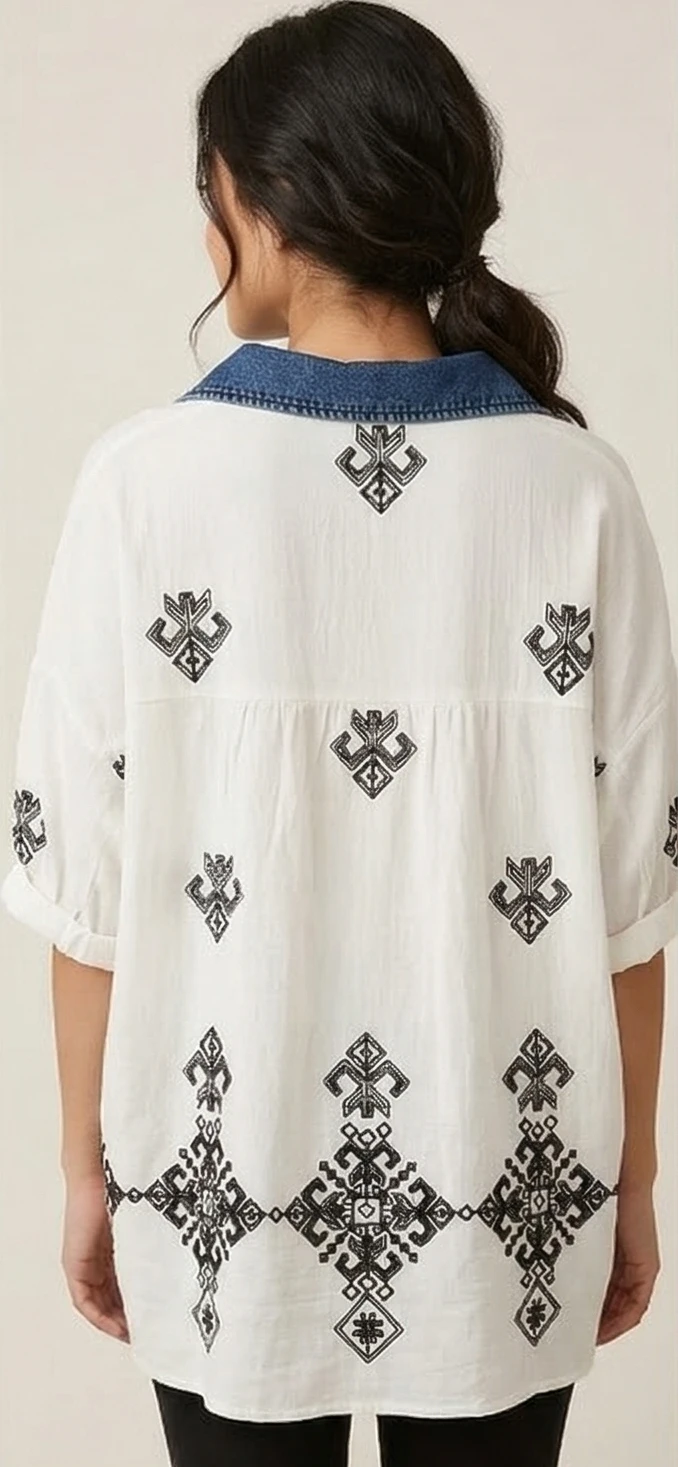 Ethic-Chic Embroidered Cotton Kaftan Top with Vintage Denim Neckline