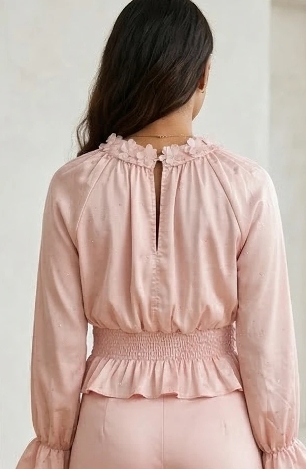 Floral Appliqué Rosette Crop Top in Pastel Pink – Ruffled Cuffs & Smocked Waist