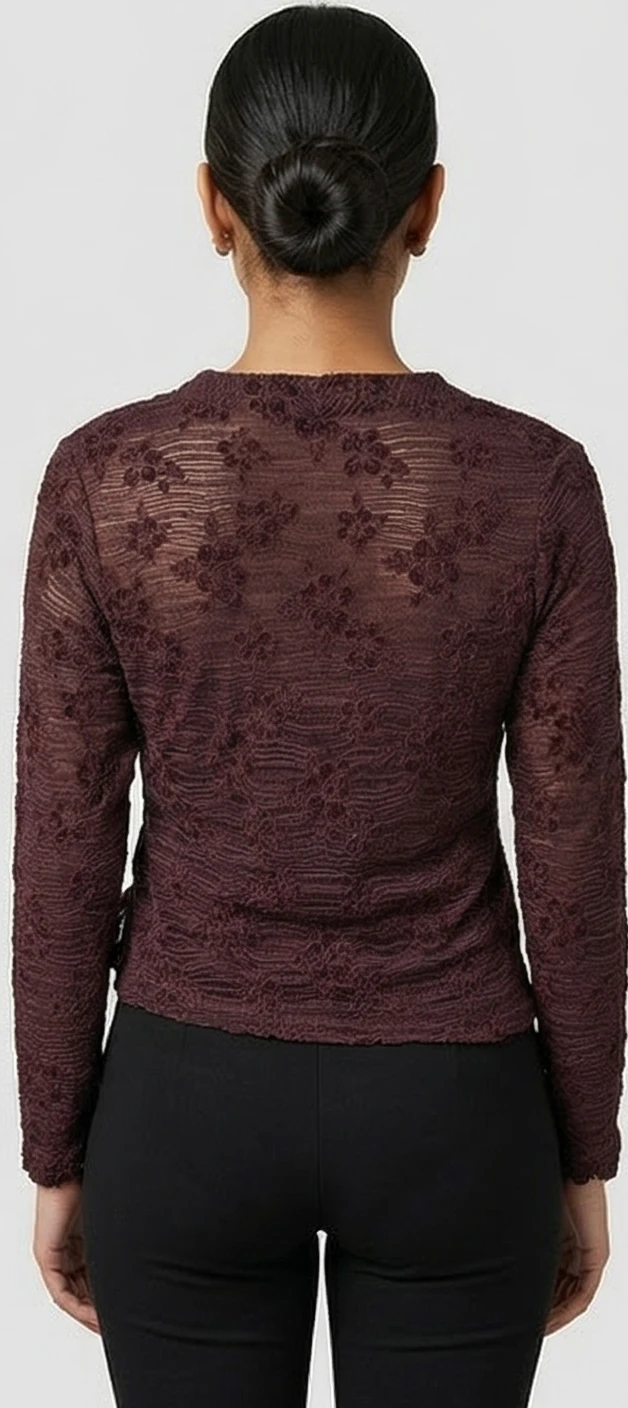 Vintage-Inspired Wine Lace Mesh Wrap Top – Sheer Floral Long Sleeve