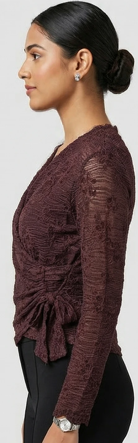 Vintage-Inspired Wine Lace Mesh Wrap Top – Sheer Floral Long Sleeve