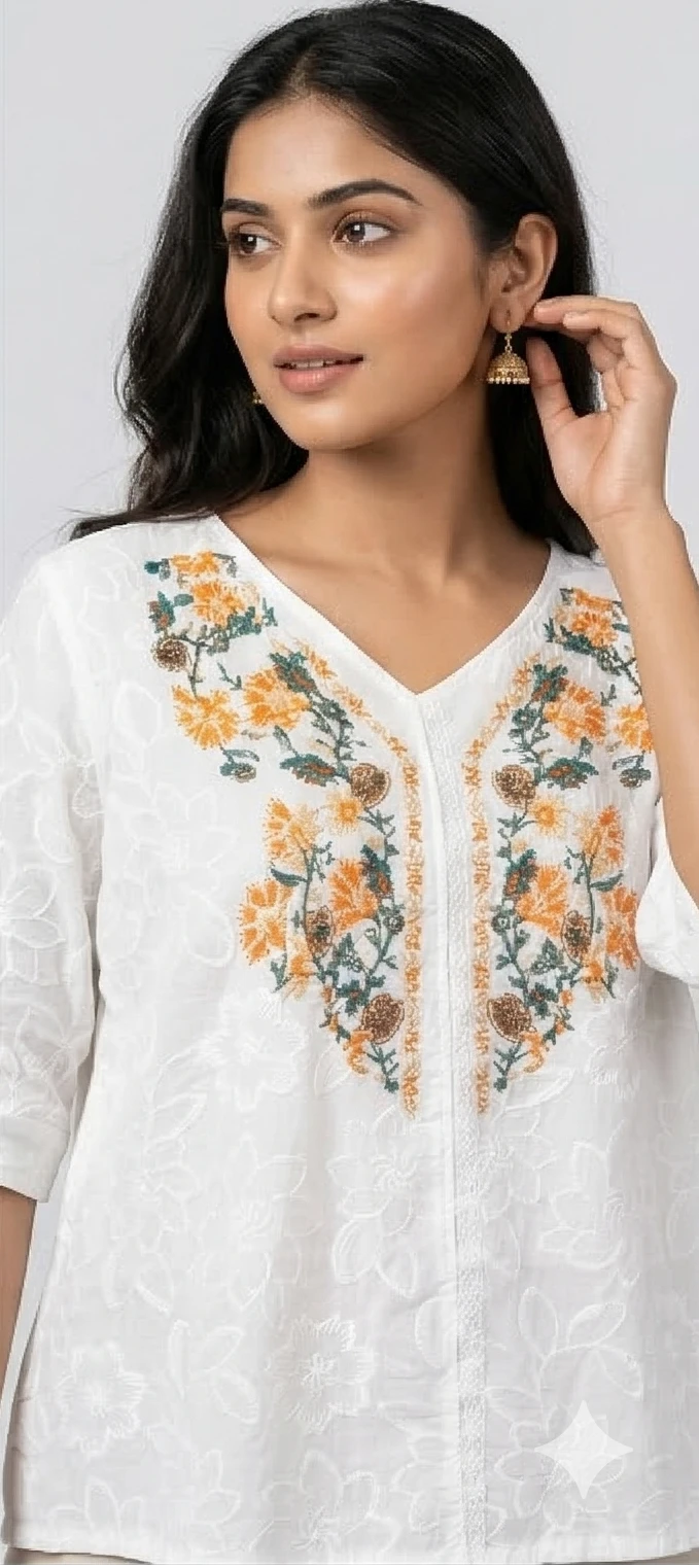 Women’s White Cotton Schiffli Embroidered V-Neck Top with Floral Threadwork