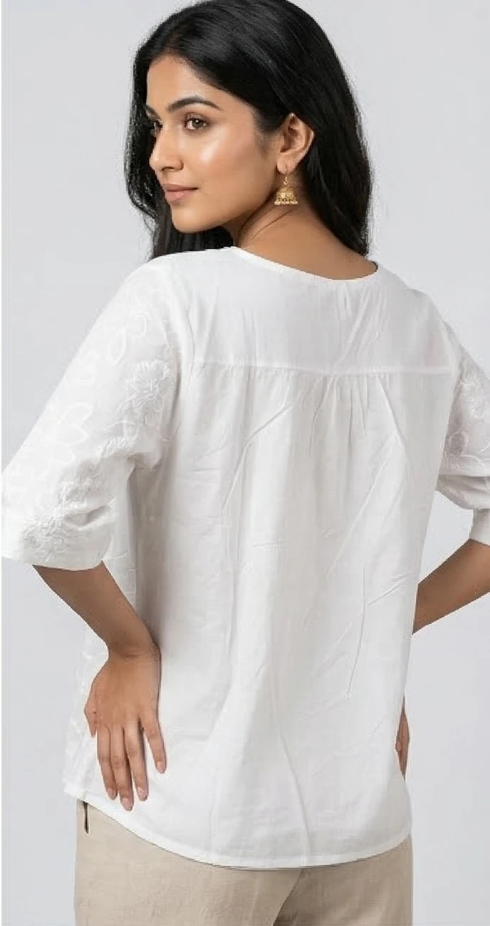 Women’s White Cotton Schiffli Embroidered V-Neck Top with Floral Threadwork