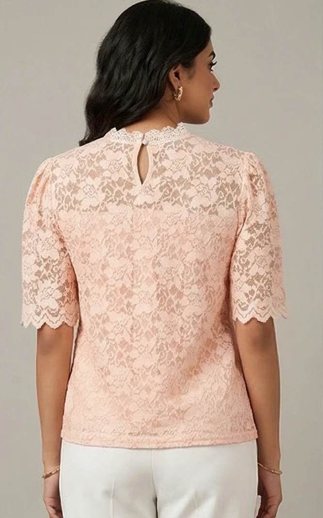 Peach Blossom Scalloped Lace Top with Puff Sleeves