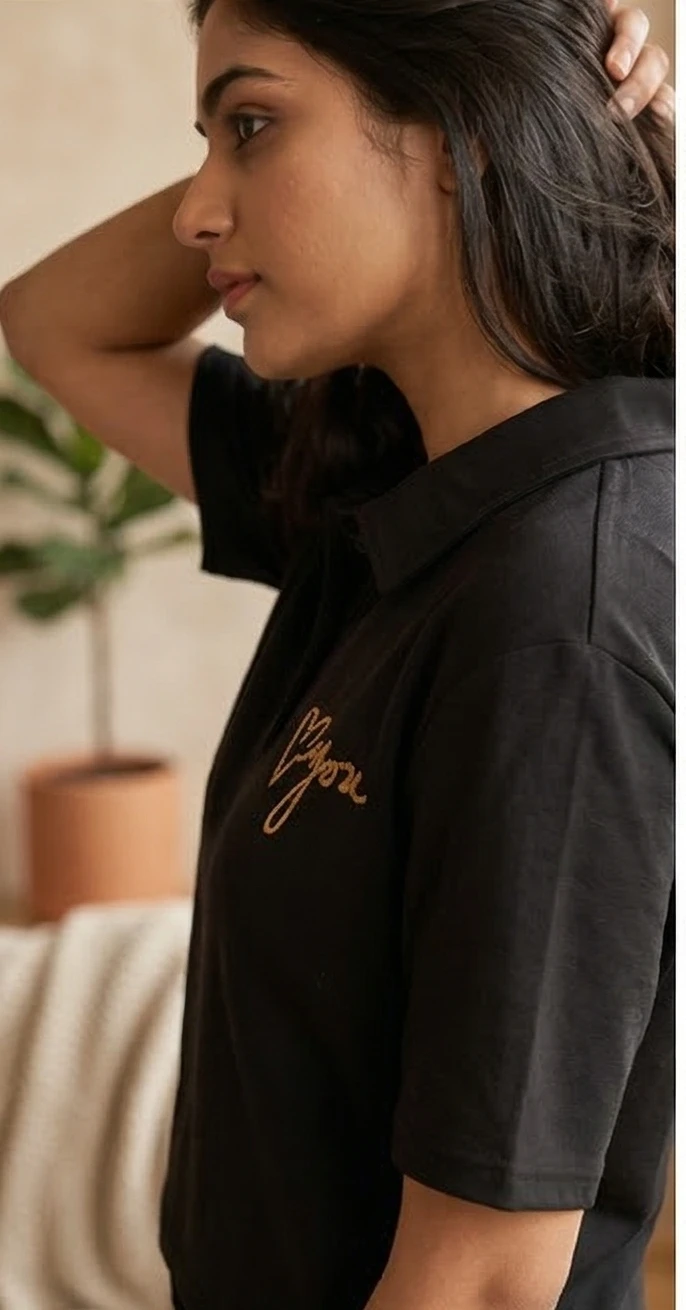 Women’s Black Cropped Polo with "For You" Gold Embroidery