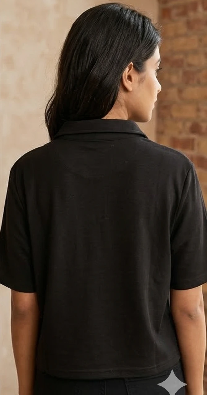 Women’s Black Cropped Polo with "For You" Gold Embroidery