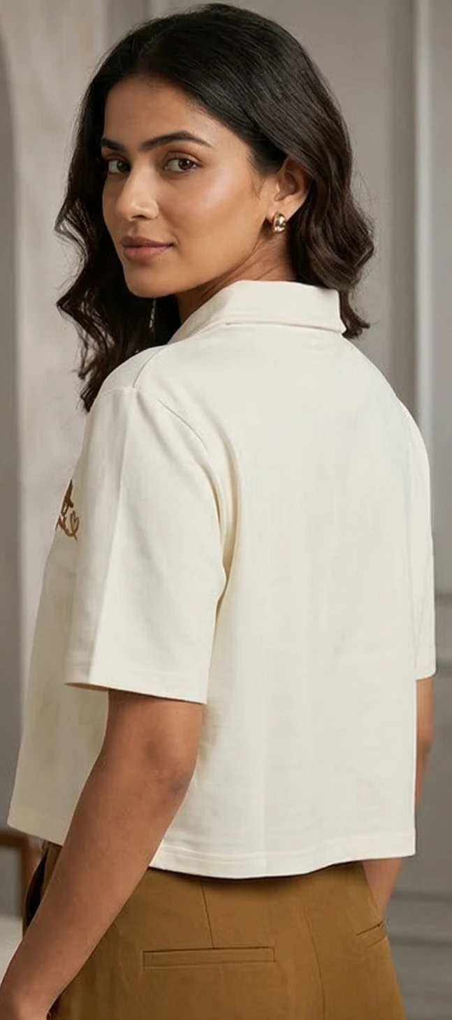 "The 'Thank You' Cropped Polo – Off-White Minimalist Chic"