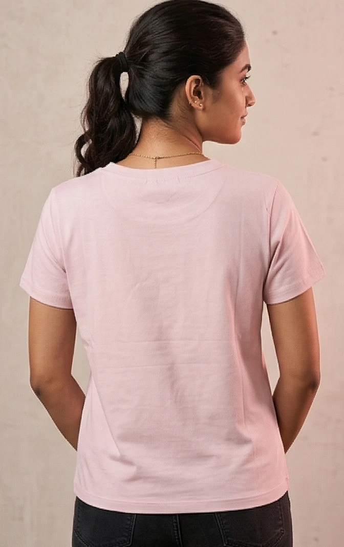 Women's Pastel Pink Cotton T-Shirt with Embroidered Bicycle Graphic