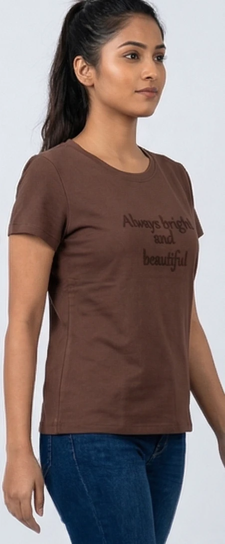 Women’s Chocolate Brown Embroidered Cotton T-Shirt – "Always Bright and Beautiful"