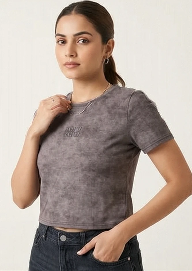 Women’s Acid Wash Charcoal Grey Ribbed Crop T-Shirt