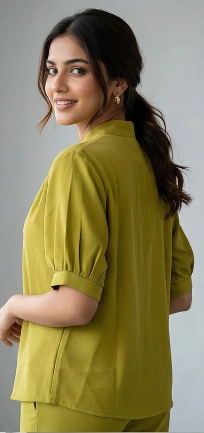 Women’s Lime Green Co-ord Set – Pleated V-Neck Tunic with Matching Straight-Fit Trousers