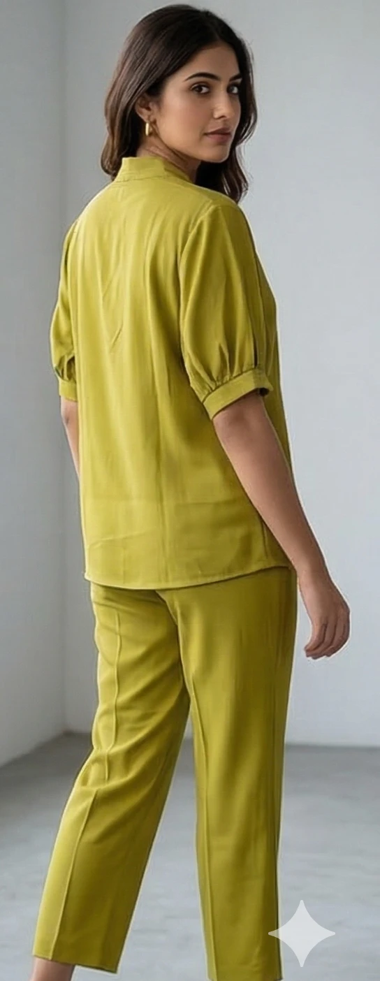 Women’s Lime Green Co-ord Set – Pleated V-Neck Tunic with Matching Straight-Fit Trousers
