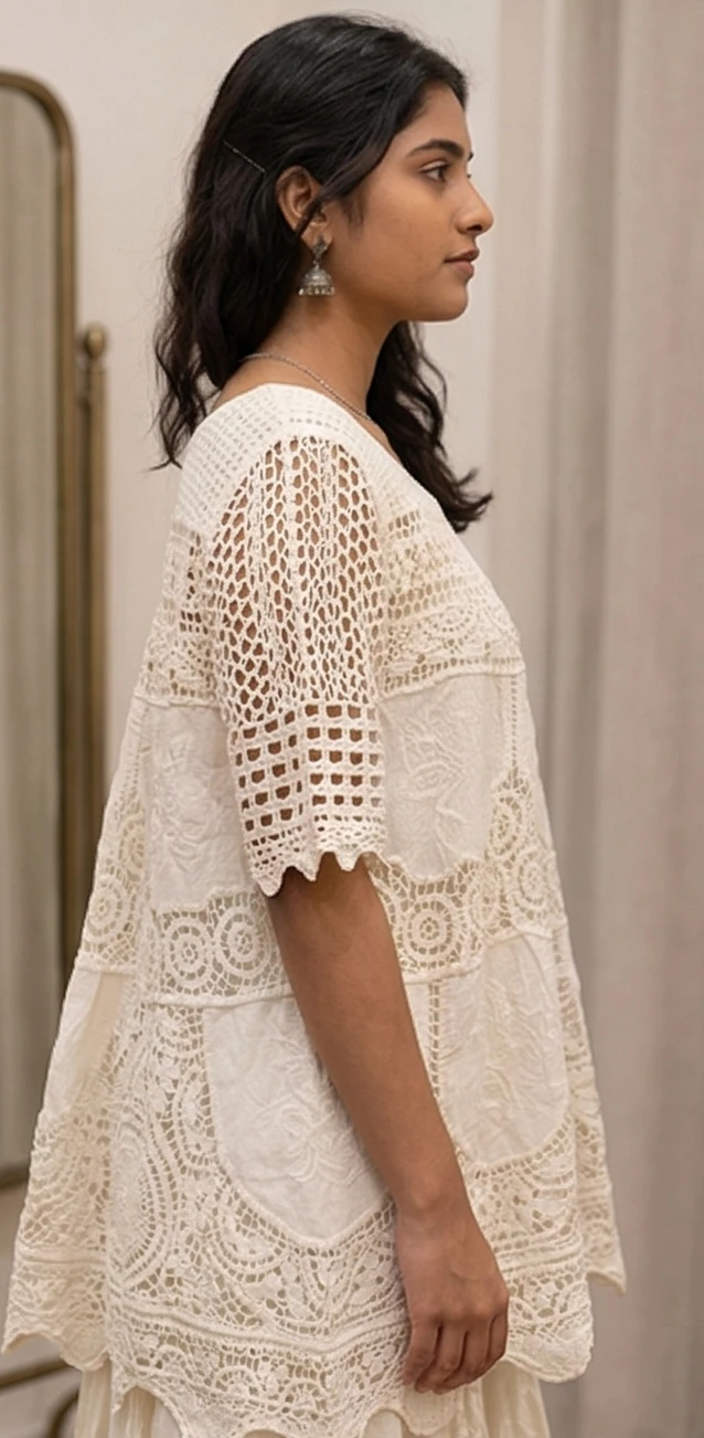 Women's Off-White Floral Lace Mesh Top