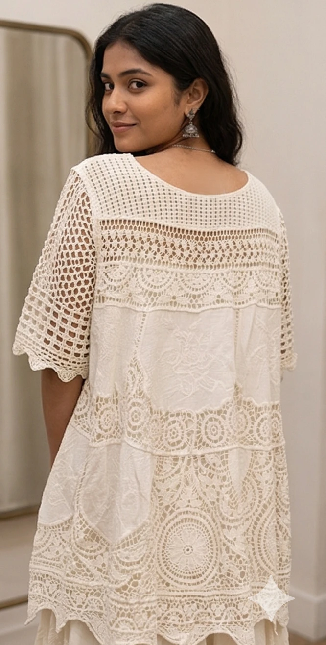 Women's Off-White Floral Lace Mesh Top