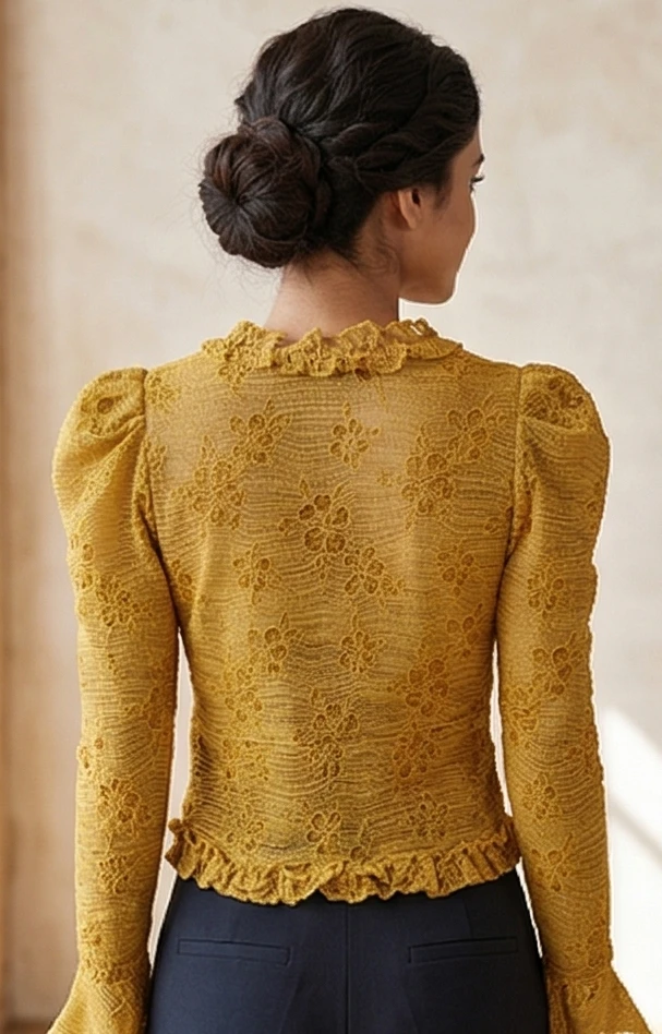 Yellow Floral Lace Ruffle top with Puff Sleeves and Flared Cuffs